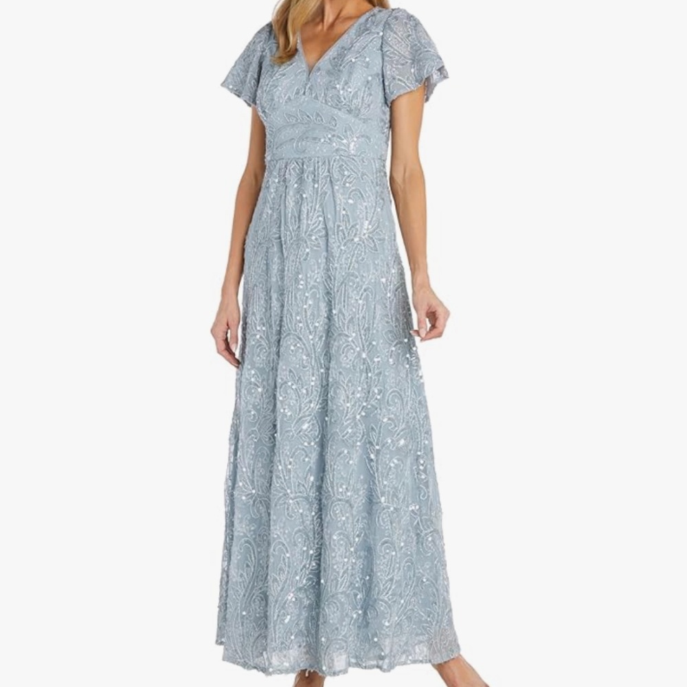 R&M Richards Light Blue Beaded Lace V‑Neck Maxi Dress